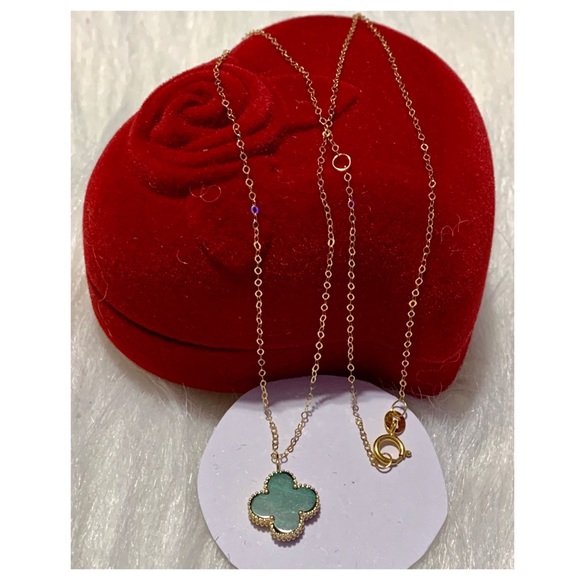 18k Solid Gold Clover Necklace-Green - Picture 1 of 6